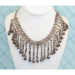 Vintage Chiming Curtain Silver Tone Bib Necklace 17 inch - E38